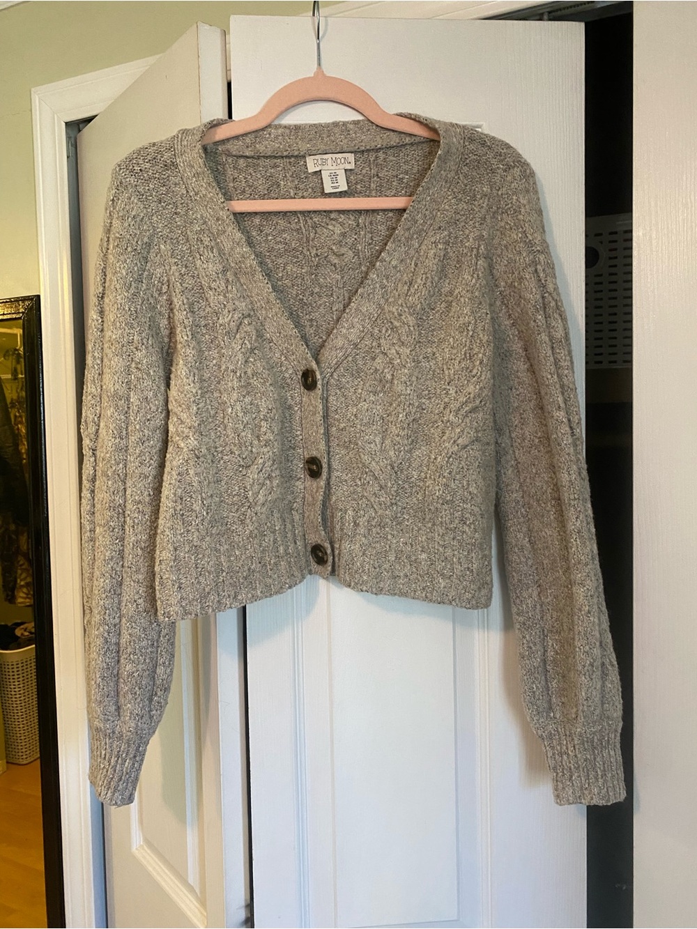 ruby moon Heather Gray Cable Knit V-Neck Cropped Cardigan